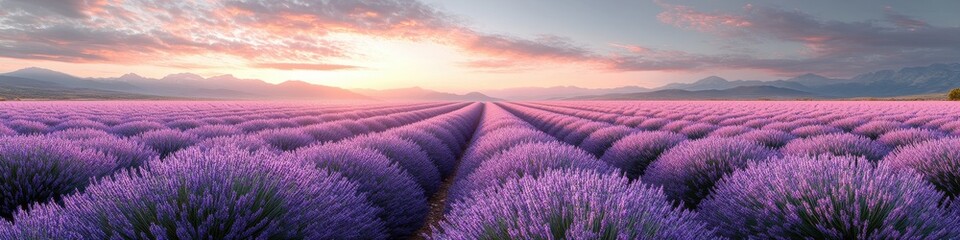 Fototapeta premium Panoramic View of a Lavender Field at Sunrise with Majestic Mountains in the Background - Stunning Nature Photography