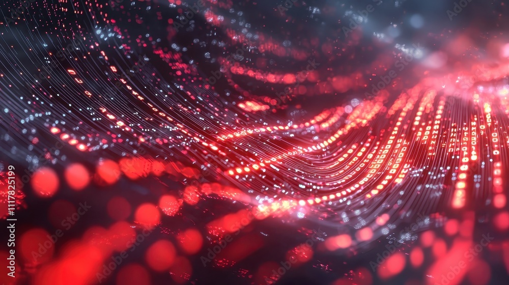 Poster flowing streams of light infused with binary patterns in a digital landscape