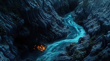 macro close up of a river flowing in the middle of a rocky cliff.