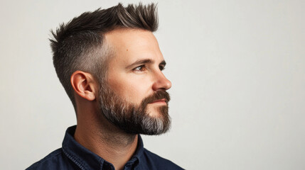 Portrait of a thoughtful Caucasian man with a beard and stylish hairstyle, looking to his right against a plain light background.