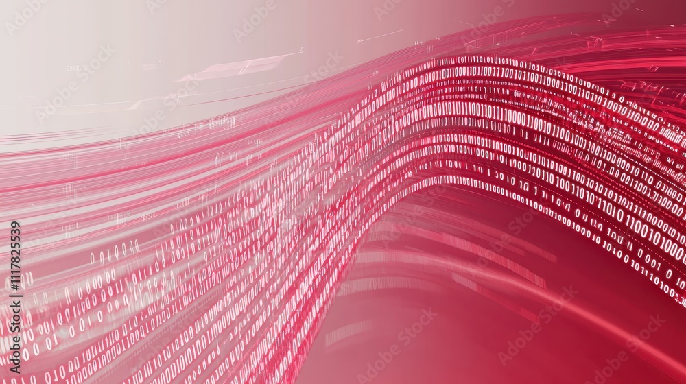 Poster flowing streams of light infused with binary patterns in a dynamic digital landscape