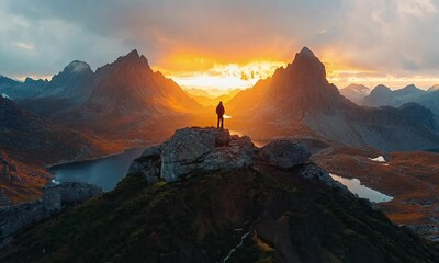 breathtaking view of lone hiker standing on rocky peak overlooking serene lake, mountains at sunrise, with warm light breaking through the clouds. outdoor adventure, motivational, nature documentaries
