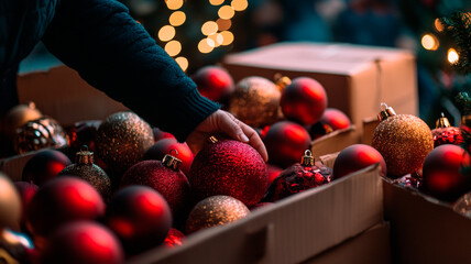 A person carefully packs Christmas decorations into boxes, ready for storage or delivery truck-style.