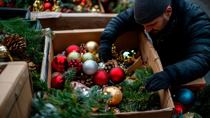 A person carefully packs Christmas decorations into boxes, ready for storage or delivery truck-style.