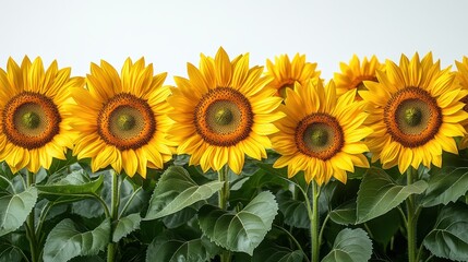 Vibrant Yellow Sunflowers in a Row Close-up of Blooming Sunflowers against a White Background, Ideal for Summer and Nature Themes.