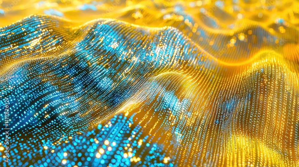 Poster flowing streams of light infused with binary patterns in vibrant colorful waves of data