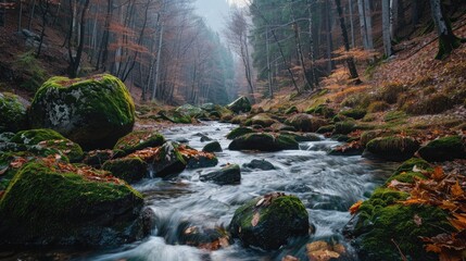 A serene mountain stream flowing through a dense forest, with moss-covered rocks and fallen leaves