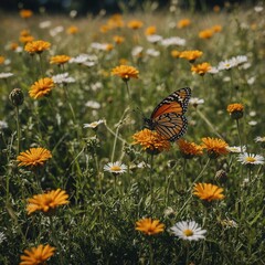 Obraz premium A view of a meadow from the perspective of a butterfly, with the flowers and plants providing a vibrant backdrop.