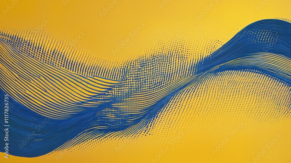 Poster flowing streams of light infused with binary patterns on a vibrant yellow background