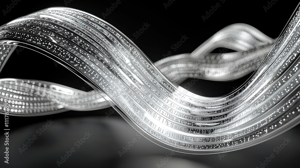 Poster flowing streams of light infused with binary patterns in a digital landscape