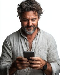 Mature Man with Curly Hair Smiling While Using Smartphone - Happy Casual Lifestyle Portrait