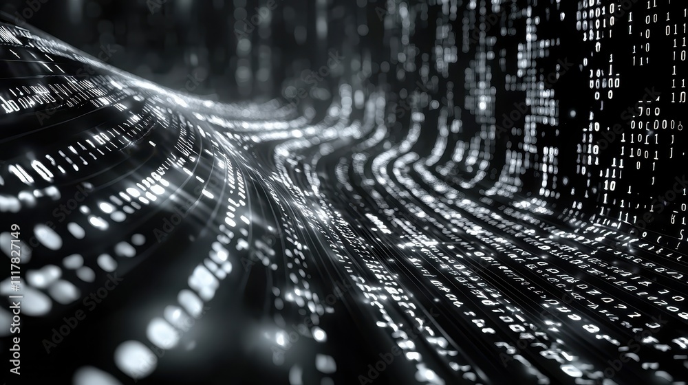 Poster flowing streams of light infused with binary patterns in dynamic digital environment