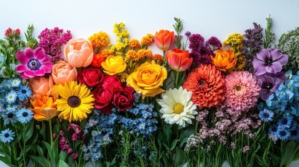 Vibrant Rainbow Floral Arrangement A Stunning Collection of Colorful Flowers in a Horizontal Border