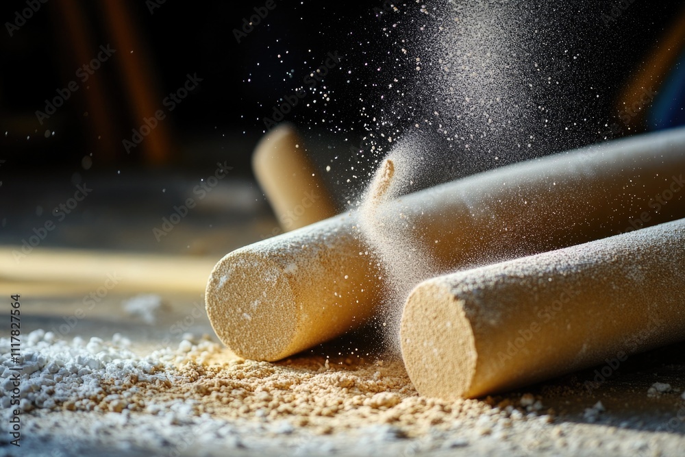 Poster Close-up shot of two wooden dowels on a table, ideal for use in product photography or DIY tutorials