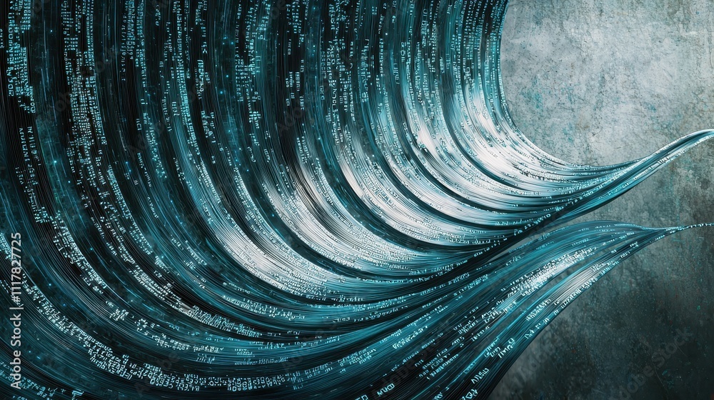 Poster flowing streams of light infused with binary patterns and digital aesthetics
