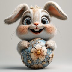 Fototapeta premium Adorable 3D Render of a Fluffy Easter Bunny Holding a Decorated Easter Egg with Floral Design