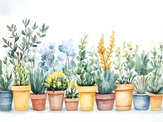 Watercolor paintings of various plants in soft, light pastel colors