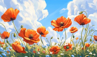 Obraz premium Vibrant poppy flowers bloom under a bright blue sky with fluffy clouds.