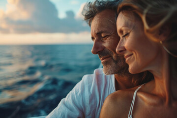 AI generated photo of beautiful married couple celebrate romantic vacation together on cruise trip