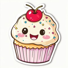 A cute cartoon cupcake with a cherry and colorful sprinkles.