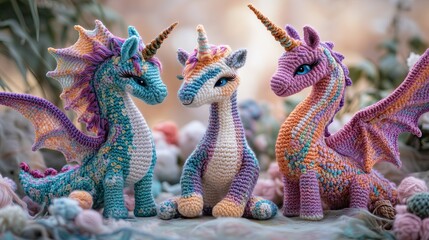 Magical fantasy creature crochet plushies, intricate mythical beings: dragon, unicorn, iridescent thread accents