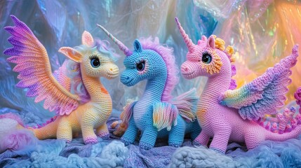 Magical fantasy creature crochet plushies, intricate mythical beings: dragon, unicorn, iridescent thread accents