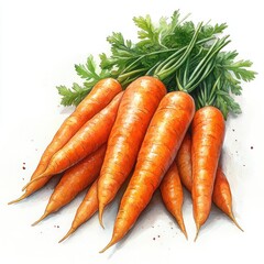A bunch of fresh carrots with green tops, showcasing vibrant color and natural texture.