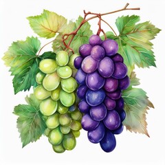 A beautiful watercolor illustration of green and purple grapes in a rustic style, perfect for eco-branding.
