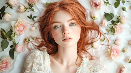 Obraz premium A serene red-haired woman with freckles lies on a white background surrounded by soft pink roses and green leaves. Her natural beauty, delicate lace dress, dreamy expression evoke elegance and romance