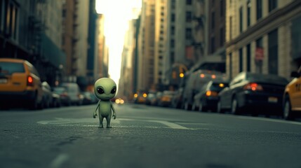 Fototapeta premium Small alien figure standing in a deserted city street 