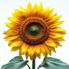 Fototapeta premium Vibrant Yellow Sunflower Close-Up Detailed Macro Photography of Helianthus annuus with Dewy Leaves Isolated on White Background