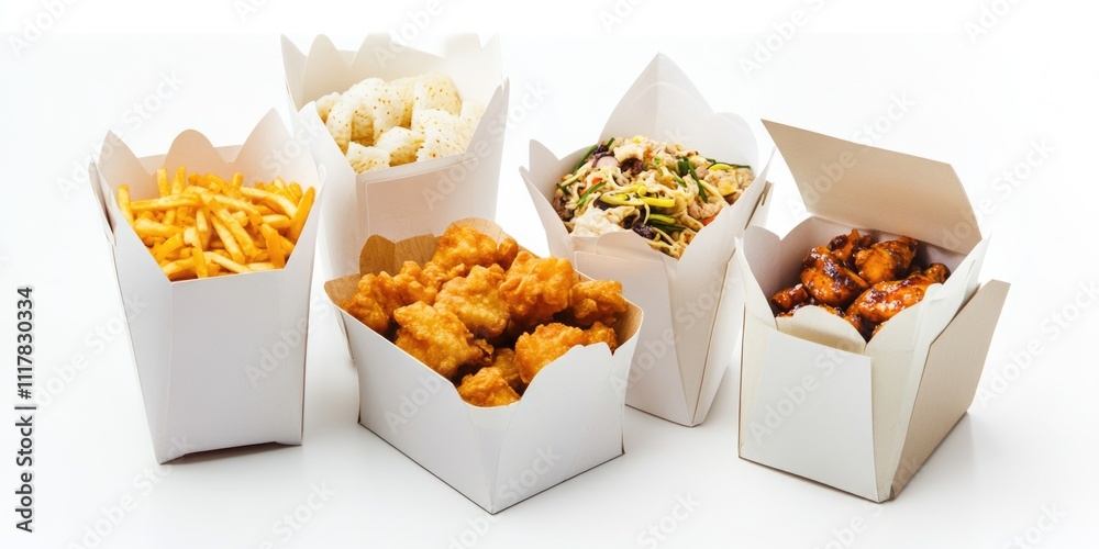 Poster assorted food products packaged in containers on a clean white surface