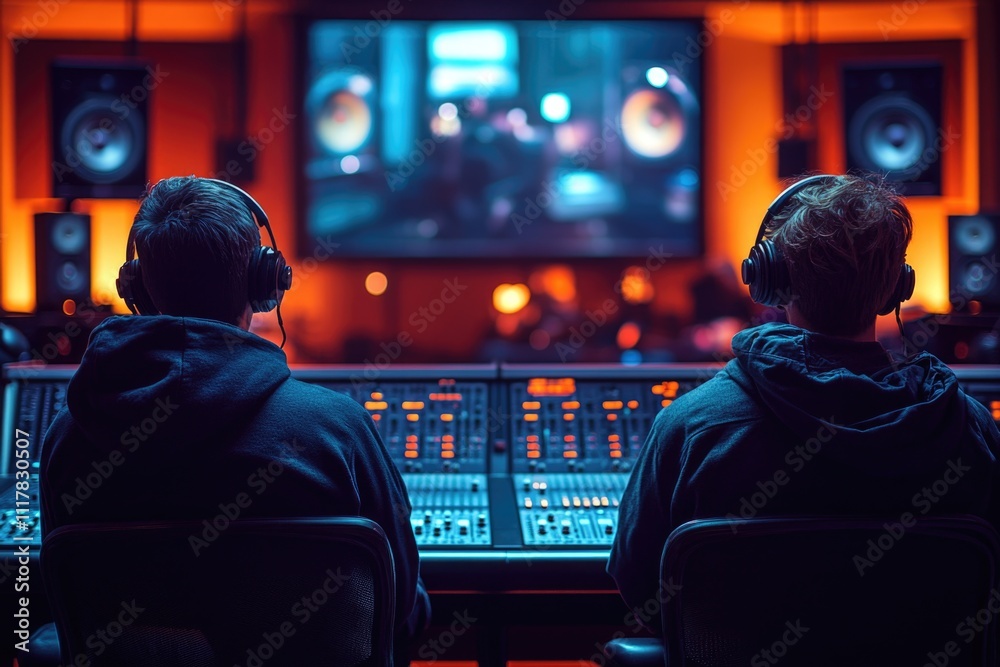 Aufkleber two music artists sitting in front of a mixing desk, possibly preparing for a performance or recordi