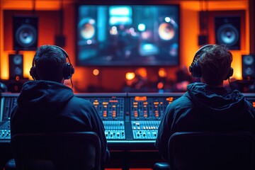 Two music artists sitting in front of a mixing desk, possibly preparing for a performance or recording session