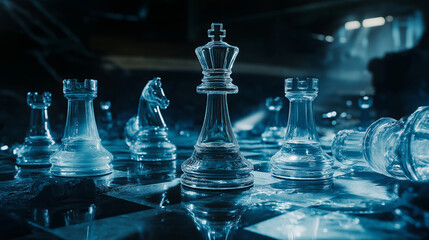 Elegantes Schachbrett mit transparenten Glasfiguren in cinematischer Atmosphäre, dramatische Beleuchtung und hochwertige Renderqualität