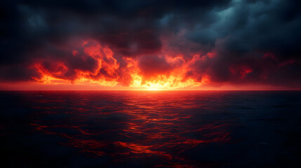 Fiery Sunset Over The Ocean - Illustration