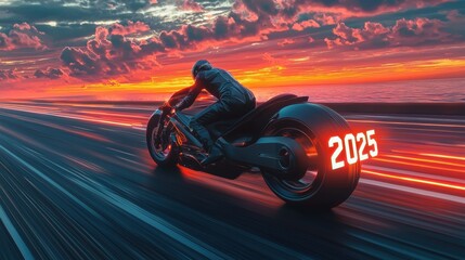 2025 is moving forward like a locomotive，Motorcycle Rider Racing into 2025, Sunset Highway, Futuristic Bike
