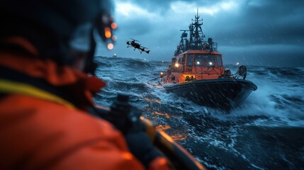 An innovative lifeguard operation at sea using drones as part of the rescue team, highlighting technology's pivotal role in maritime safety and lifesaving measures.