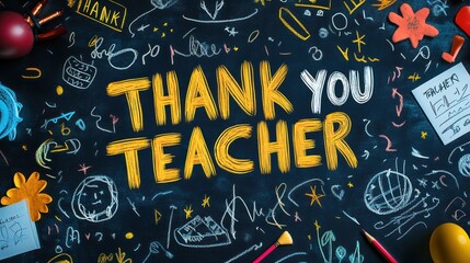 A chalkboard with the words "Thank You Teacher" written in yellow chalk.