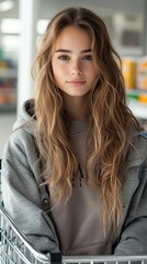 Obraz premium Portrait of a Young Woman with Long Blonde Hair in a Shopping Cart at the Supermarket