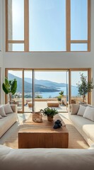 Un salon spacieux et moderne avec de grandes fen&ecirc;tres at vue magnifique sur la mer et les montagnes.