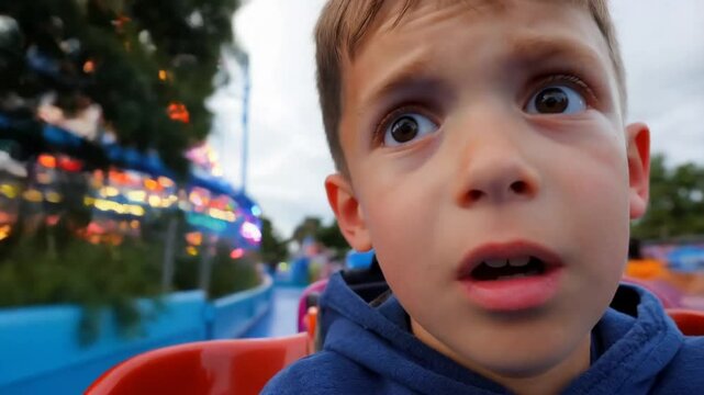 Cute boy kid first trip on a rollercoaster at the funfair