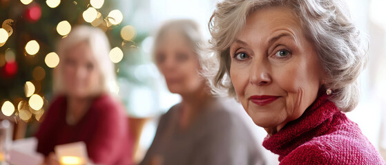 Fototapeta premium Senior woman with gray hair smiling warmly at festive gathering, surrounded by friends. atmosphere is joyful and cozy