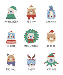 Cute christmas bear faces with handwritten lettering. Winter hand drawn illustrations for greeting cards, festive posters, banners and stickers.