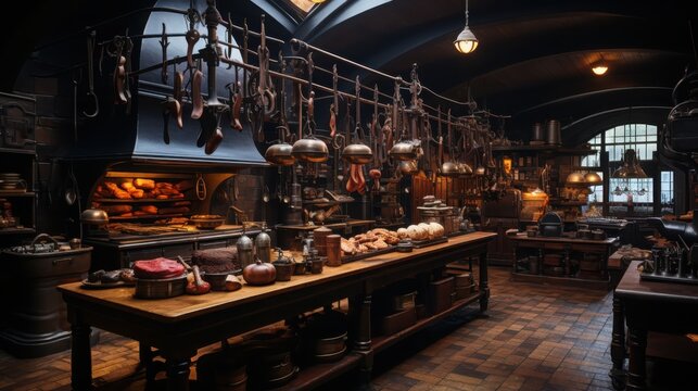Crafting excellence artisan butcher shop interior showcasing dry-aged meats and vintage tools in a dramatic setting