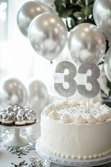 Elegant birthday celebration with silver decorations and cake