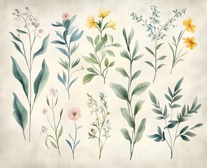 Watercolor paintings of various plants in soft, light pastel colors