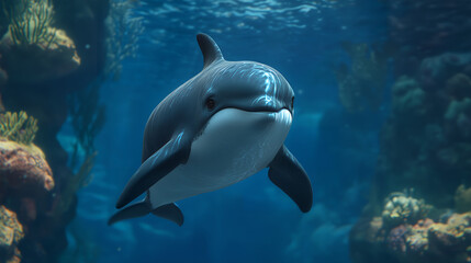 Fototapeta premium Dolphin swimming in aquarium, Marine dolphin with coral background