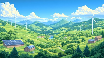 Environmentally friendly illustrations of wind turbines and solar panels in nature
