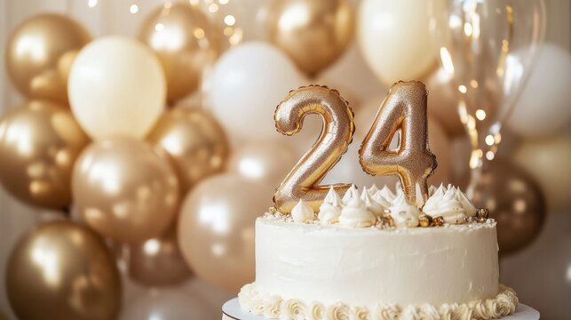 Celebration cake with balloons and golden number 24 for birthday or anniversary party